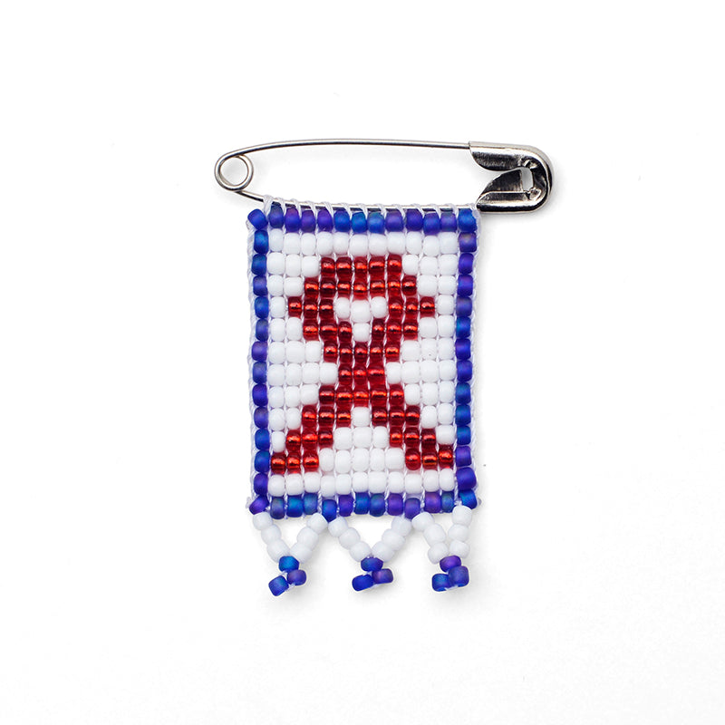 Kidz Positive Beading Project Beaded Aids Pin with Fringe and Border Blue White Red