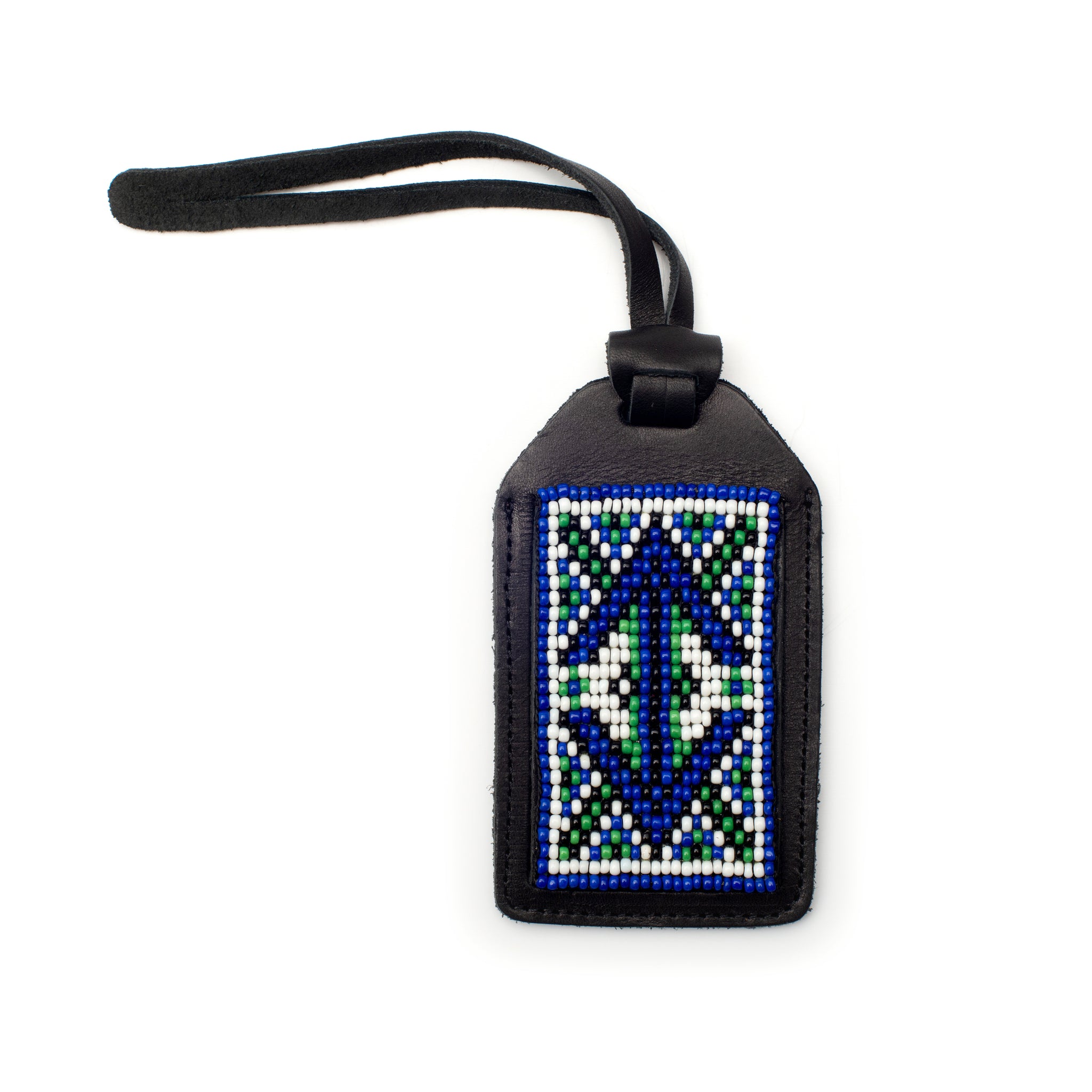 Black Leather Luggage Tag with Customisable Beaded Detail