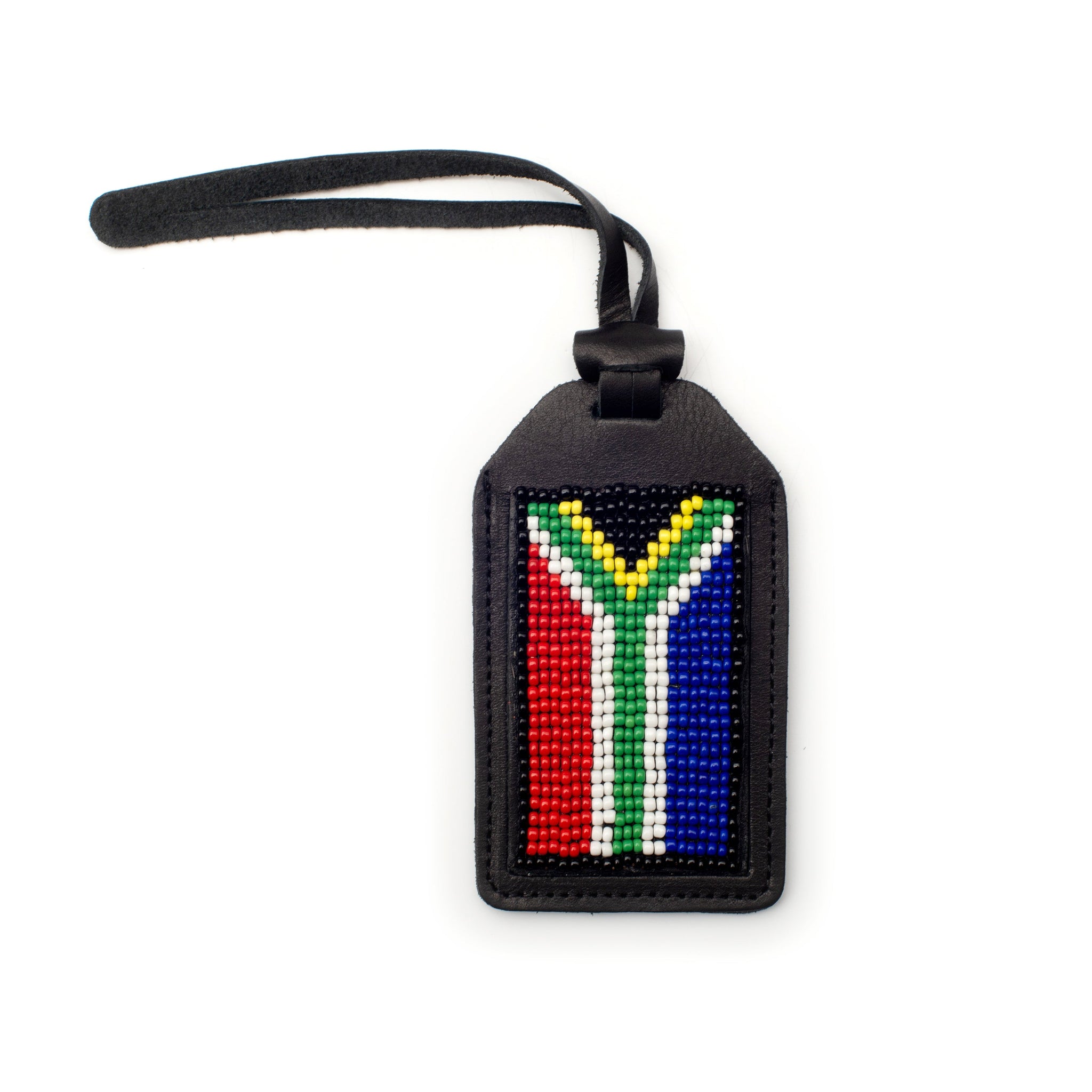 Black Leather Luggage Tag with Beaded SA Flag Detail