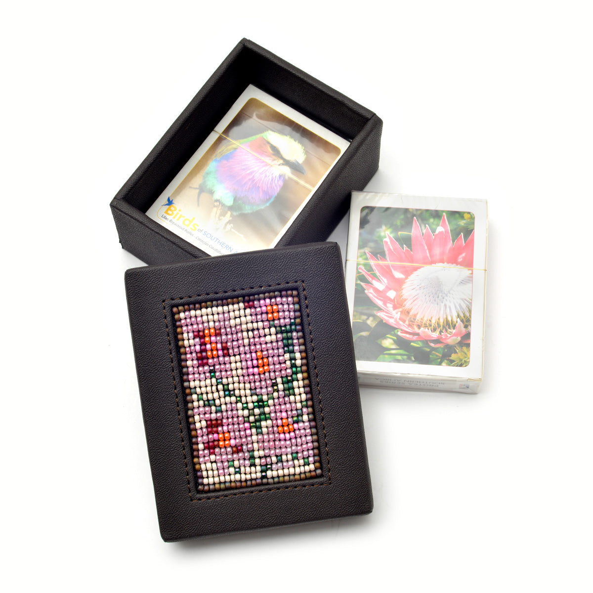 Beaded Leather Card Box with 2 packs of cards - Various Designs