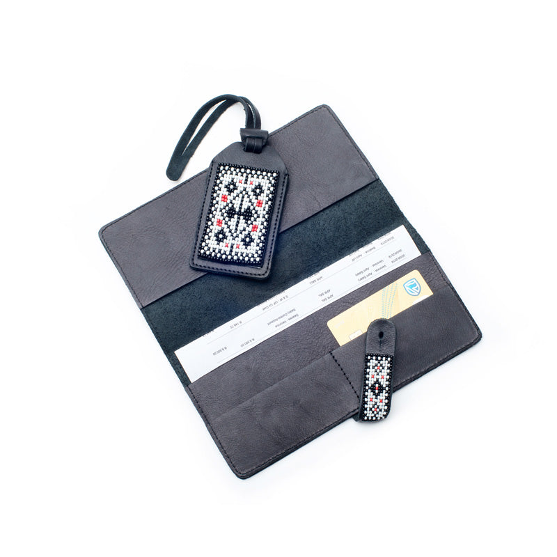 Kidz Positive Beading Project Black Leather Travel Set Beaded Leather Travel Wallet and Beaded Leather Luggage Tag