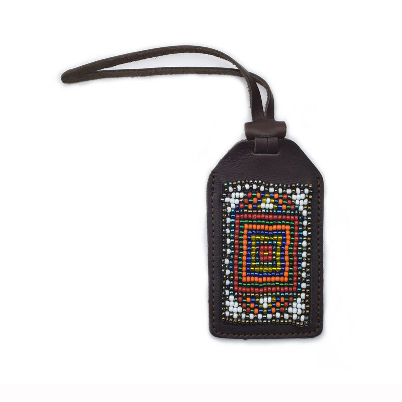 Kidz Positive Beading Project Brown Leather Luggage Tag with Beaded detail Brown Ripple