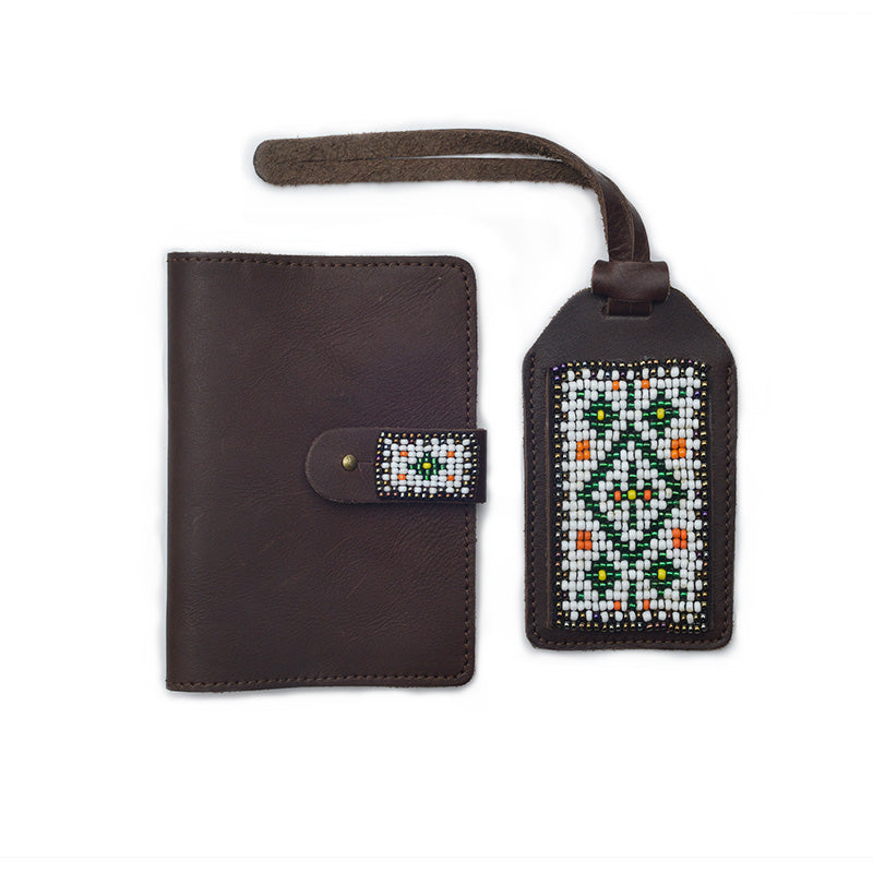 Kidz Positive Beading Project Brown Leather Travel Set Beaded Leather Passport Holder and Beaded Leather Luggage Tag Forest