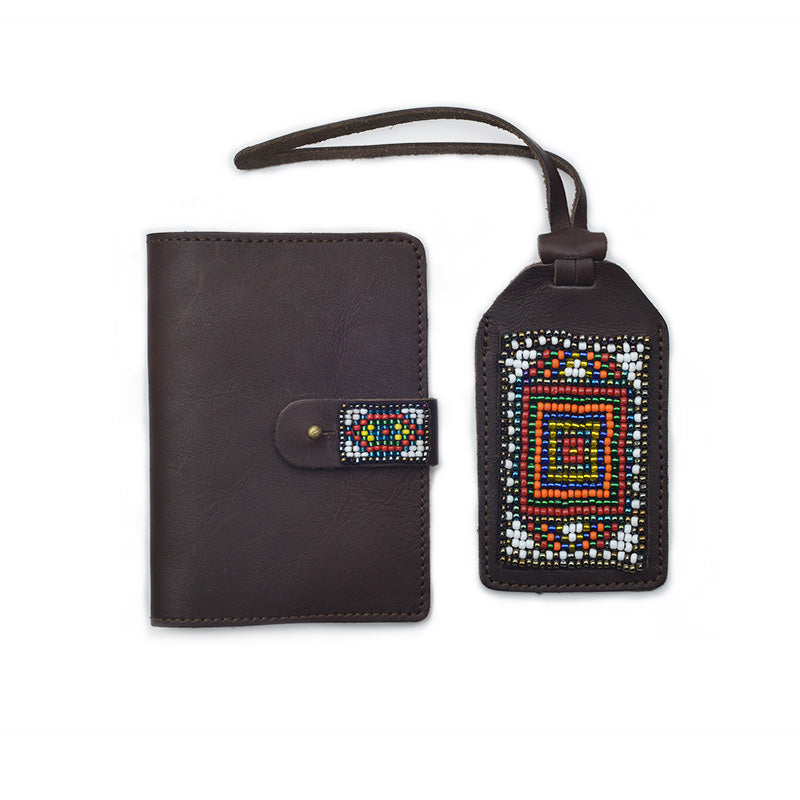 Kidz Positive Beading Project Brown Leather Travel Set Beaded Leather Passport Holder and Beaded Leather Luggage Tag Ripples